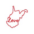 West Virginia US state red outline map with the handwritten LOVE word. Vector illustration Royalty Free Stock Photo