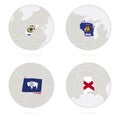 West Virginia, Wisconsin, Wyoming, Alabama US states map contour and national flag in a circle