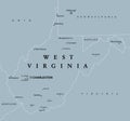 West Virginia, WV, gray political map, Mountain State