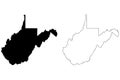 West Virginia WV state Map USA. Black silhouette and outline isolated maps on a white background. EPS Vector Royalty Free Stock Photo