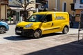 Westendorf, Tirol/Austria: March 29 2019: Small delivery car of the Austrian postal services from the front at an angle
