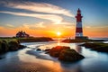 The Westerheversand Lighthouse In Nordfriesland, Schleswig-Holstein, Germany, Offers A Stunning Panoramic View. Generative AI