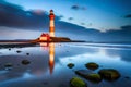 The Westerheversand Lighthouse In Nordfriesland, Schleswig-Holstein, Germany, Offers A Stunning Panoramic View. Generative AI