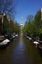 Westerkerk church and canal in Amsterdam