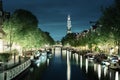 Westerkerk church tower at canal in Amsterdam