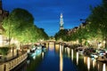 Westerkerk church tower at canal