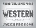 Western alphabet font. Vintage distressed letters and numbers.