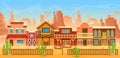 Western American town in desert landscape, cartoon scenery with old houses, home, bar saloon or bank