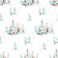 Western baby boy cowboy seamless pattern and teepee tent watercolor illustration. Cartoon and American tribes teepee