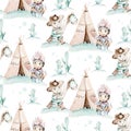 Western baby boy cowboy seamless pattern and teepee tent watercolor illustration. Cartoon and American tribes teepee