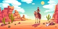 Western background. Cartoon texas cowboy character, horseman at desert canyon, wild west landscape, cow skull, cacti on Royalty Free Stock Photo