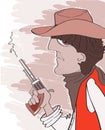 Western bandit in cowboy hat with gun.Vector portr