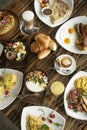 Western big gourmet breakfast selection mixed dishes on restaurant table Royalty Free Stock Photo