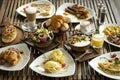 Western big gourmet breakfast selection mixed dishes on restaurant table