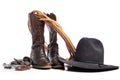 Western boots and a lap or lariat rope and spurs and a cowboy hat on a white background Royalty Free Stock Photo