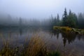 Misty morning view in wet mountain area in slovakian tatra. mountain lake panorama