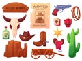 Western cartoon elements, cowboy emblems and wild west. Leather boots and hat, mexican cactus and animal skull. Nowaday Royalty Free Stock Photo