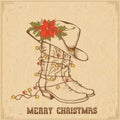 Western Christmas greeting card with cowboy traditional boots an Royalty Free Stock Photo