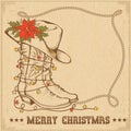 Western Christmas greeting card with cowboy traditional boots an Royalty Free Stock Photo