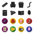 Western cinema, tickets, sweet cotton wool, film on DVD.Filmy and cinema set collection icons in black,flet style vector