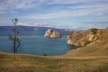 Shaman\'s Rock on Olkhon Island and Baikal lake near Khuzhir village, Russia Royalty Free Stock Photo