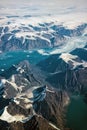 Western coast of Greenland, aerial view of glacier, mountains and ocean