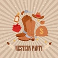 Western cowboy american party, vector illustration. Vintage rodeo banner design with boots, west grunge style template Royalty Free Stock Photo