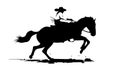 Western cowboy in hat riding horseback. Human rides a horse. Black silhouette. Rodeo, horse racing, wild west, western Royalty Free Stock Photo