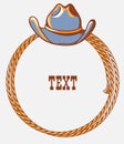 Cowboy country frame background for text. Vector western illustration with cowboy hat and lasso isolated on white