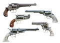 Western cowboy pistol booster pack 2 is a collection of assorted deadly and elegant hand gun firearms on a isolated white Royalty Free Stock Photo