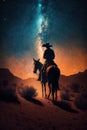 Western Cowboy riding his horse at night under the milky way galaxy