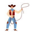 Western cowboy or texas ranger throwing lasso flat vector illustration isolated. Royalty Free Stock Photo