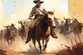 Western with cowboys and herd. Generative AI