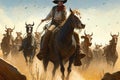 Western with cowboys and herd. Generative AI