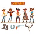 Western cowboys set, Wild West people with equipment and accessories vector Illustration on a white background