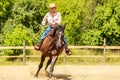 Western cowgirl woman riding horse. Sport activity Royalty Free Stock Photo