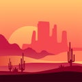 Western desert sunset background. Natural scenery with silhouettes of rocky mountains and cacti. Vector design for