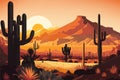 Western desert vector sunset background. Cactus and sand hot, dry nature landscape Royalty Free Stock Photo