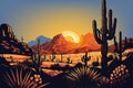 Western desert vector sunset background. Cactus and sand hot, dry nature landscape Royalty Free Stock Photo