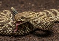 (Western Diamondback Rattlesnake), is coiled on a textured, brown Royalty Free Stock Photo