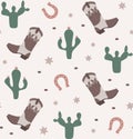 Western elements seamless pattern with cowboy boots, cactuses, horseshoes and sheriff badges. Royalty Free Stock Photo