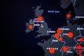 Western Europe. Great Britain, France. Coronavirus COVID-19 global cases Map. Red Dot showing the number of infected. Johns Royalty Free Stock Photo