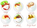 Western food and dessert in white dishes icon set