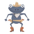 Western frog duel cute print. Wild west animal with hat, boot, gun.