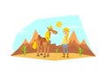 Western Girl Character with Horse in Desert Landscape Vector illustration