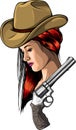 western girl with revolver - vector stock illustration