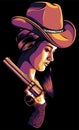 western girl with revolveron black background - vector illustration