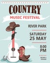 Country music festival poster with guitar and cowboy hat illustration blue sky background open air Royalty Free Stock Photo