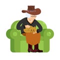 western Grandmother cowboy and cat sitting on chair. Texan granny cat lady. grandma in Texas and pet. old woman in Hat and animal