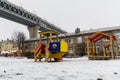 Western High-Speed Diameter over the building of kindergarten on Kanonersky Island in winter. Saint Petersburg. Russia, Royalty Free Stock Photo